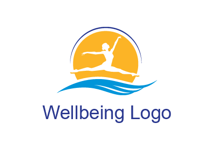 ballerina jumping over waves in front of the sun logo