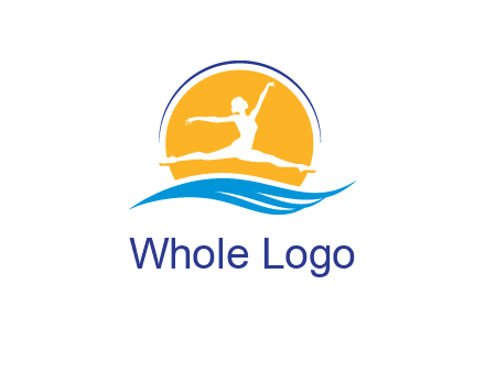 ballerina jumping over waves in front of the sun logo