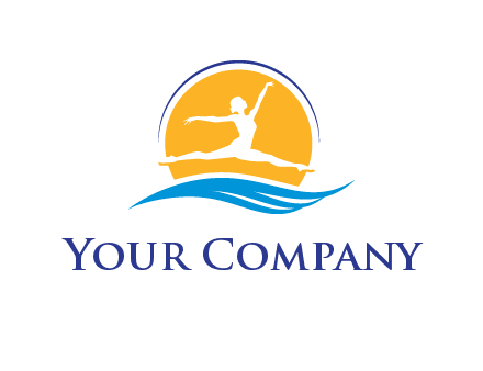 ballerina jumping over waves in front of the sun logo