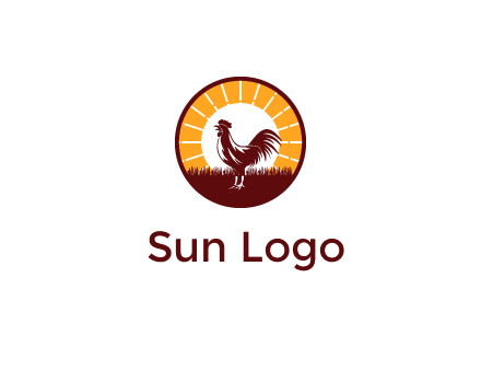 rooster standing in front of the sun logo