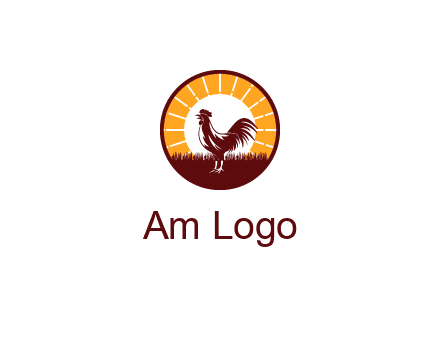 rooster standing in front of the sun logo