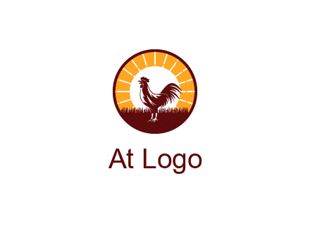 rooster standing in front of the sun logo