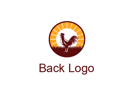 rooster standing in front of the sun logo