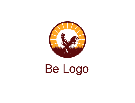 rooster standing in front of the sun logo