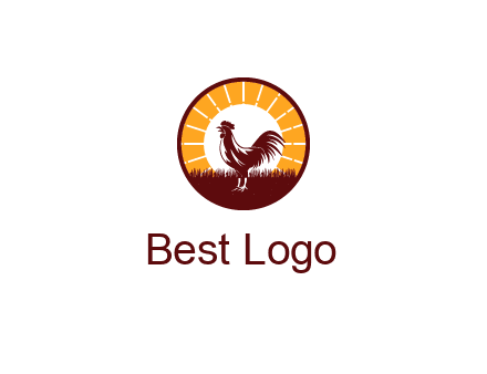 rooster standing in front of the sun logo