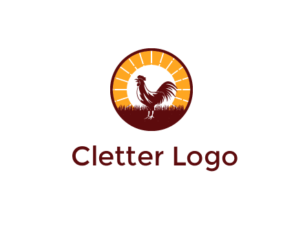 rooster standing in front of the sun logo