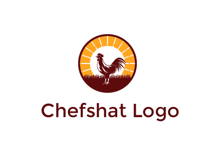 rooster standing in front of the sun logo