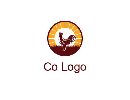 rooster standing in front of the sun logo