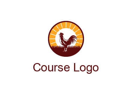rooster standing in front of the sun logo