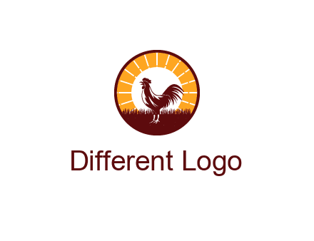 rooster standing in front of the sun logo