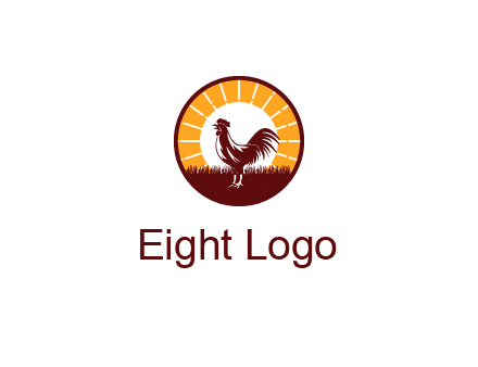 rooster standing in front of the sun logo