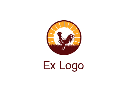 rooster standing in front of the sun logo