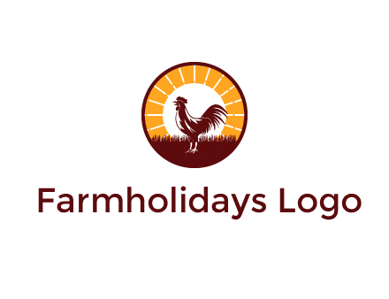 rooster standing in front of the sun logo