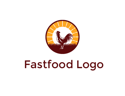 rooster standing in front of the sun logo