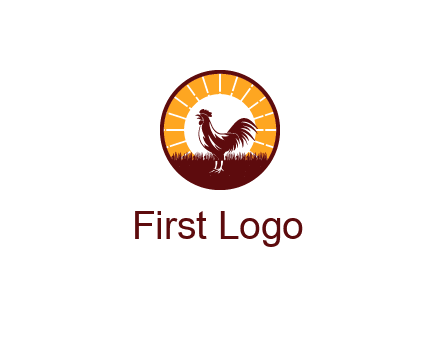 rooster standing in front of the sun logo