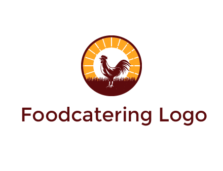 rooster standing in front of the sun logo