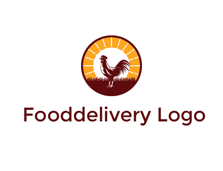 rooster standing in front of the sun logo