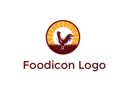 rooster standing in front of the sun logo