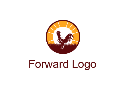 rooster standing in front of the sun logo
