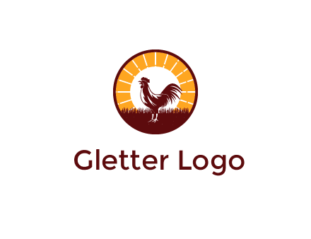 rooster standing in front of the sun logo