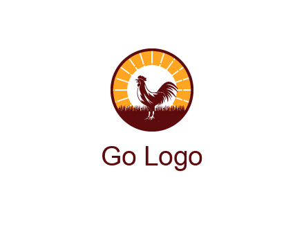 rooster standing in front of the sun logo