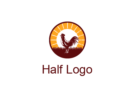 rooster standing in front of the sun logo