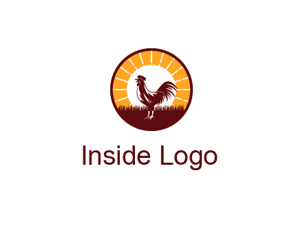 rooster standing in front of the sun logo