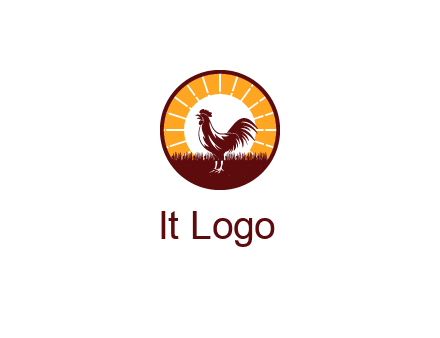 rooster standing in front of the sun logo