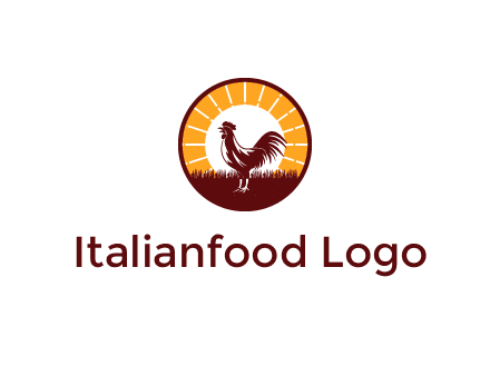 rooster standing in front of the sun logo