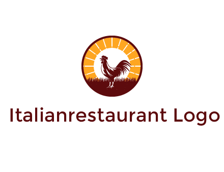 rooster standing in front of the sun logo