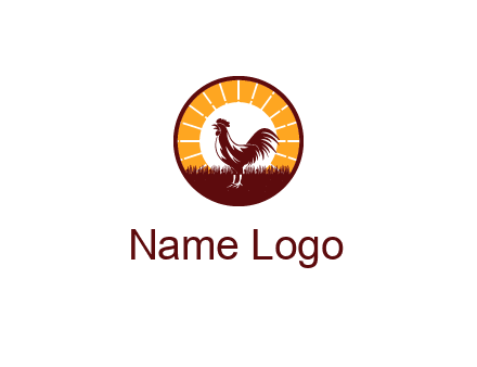 rooster standing in front of the sun logo