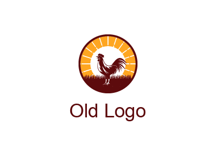 rooster standing in front of the sun logo