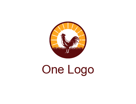 rooster standing in front of the sun logo