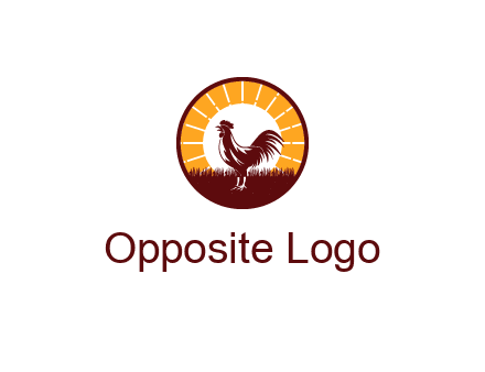 rooster standing in front of the sun logo