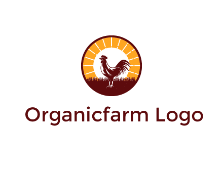 rooster standing in front of the sun logo