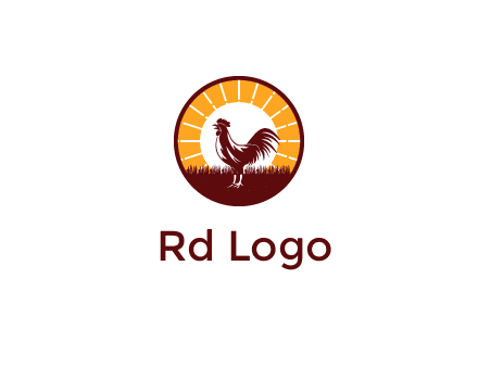 rooster standing in front of the sun logo