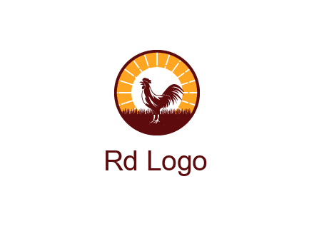 rooster standing in front of the sun logo