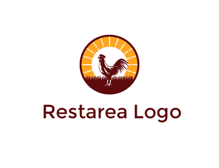rooster standing in front of the sun logo