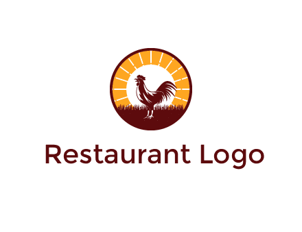rooster standing in front of the sun logo