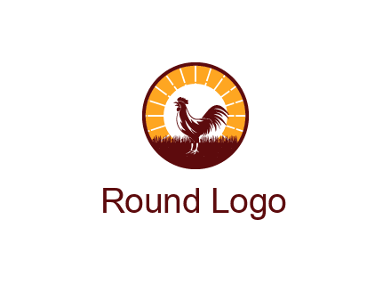 rooster standing in front of the sun logo