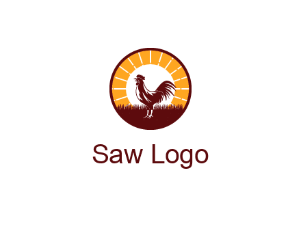 rooster standing in front of the sun logo
