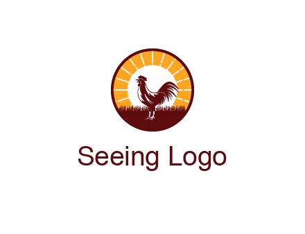 rooster standing in front of the sun logo