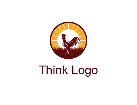 rooster standing in front of the sun logo