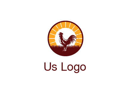 rooster standing in front of the sun logo