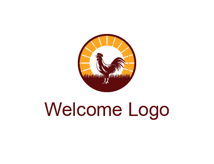 rooster standing in front of the sun logo