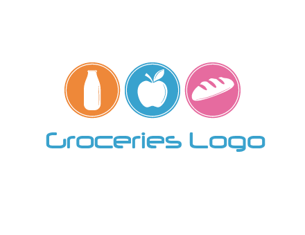 Groceries including apple, milk and bread each in a circle