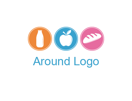 Groceries including apple, milk and bread each in a circle