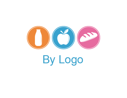 Groceries including apple, milk and bread each in a circle