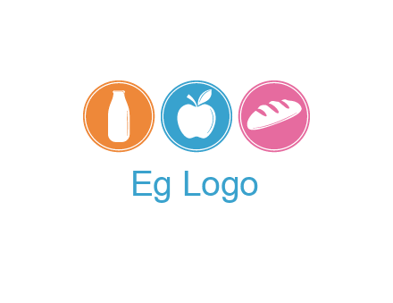 Groceries including apple, milk and bread each in a circle