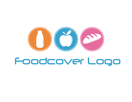 Groceries including apple, milk and bread each in a circle